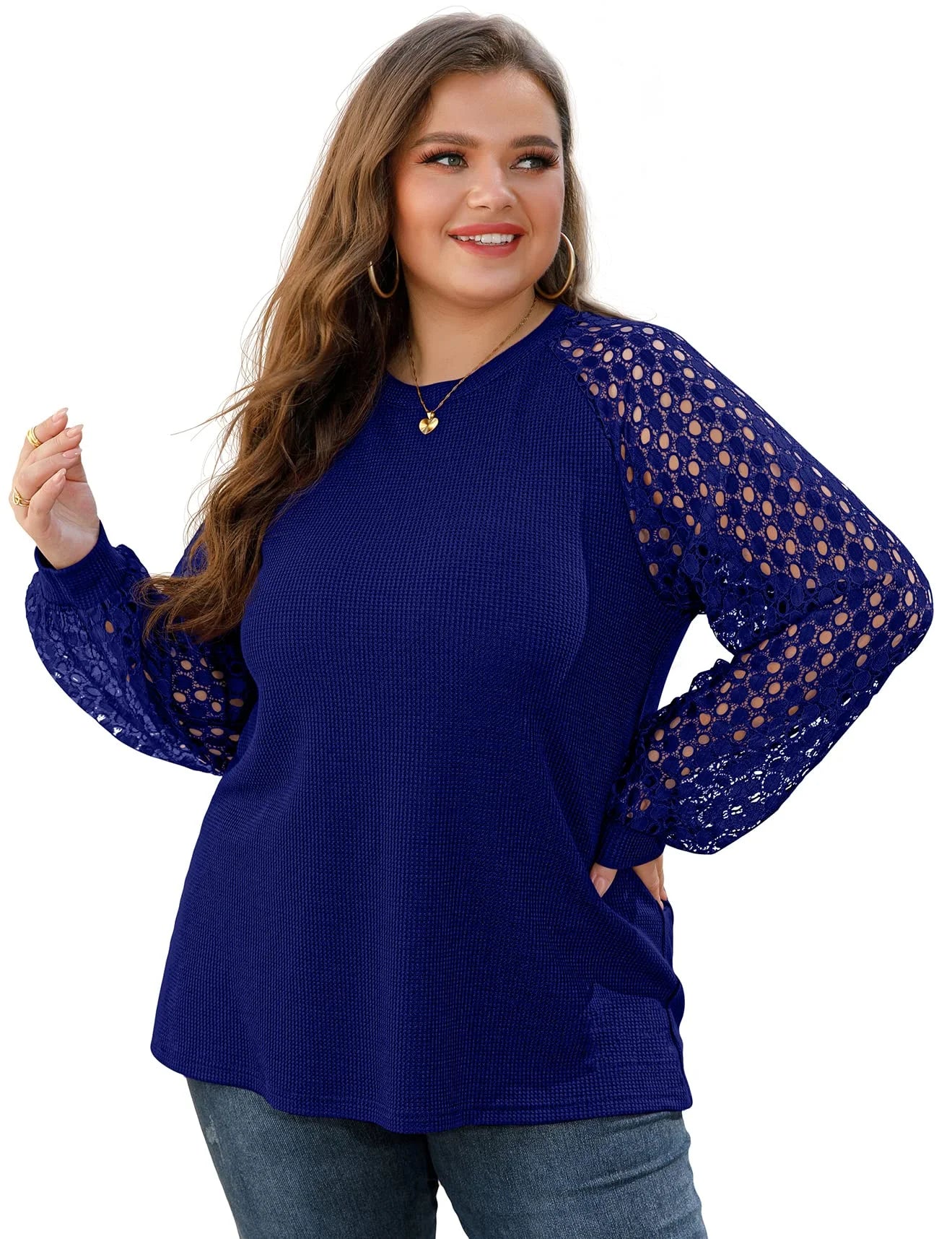 plus Size Tops for Women Lace Sleeve Blouse Waffle Knit Long Sleeve Shirts Royal Blue-2X