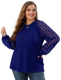 plus Size Tops for Women Lace Sleeve Blouse Waffle Knit Long Sleeve Shirts Royal Blue-2X
