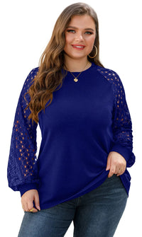 plus Size Tops for Women Lace Sleeve Blouse Waffle Knit Long Sleeve Shirts Royal Blue-2X