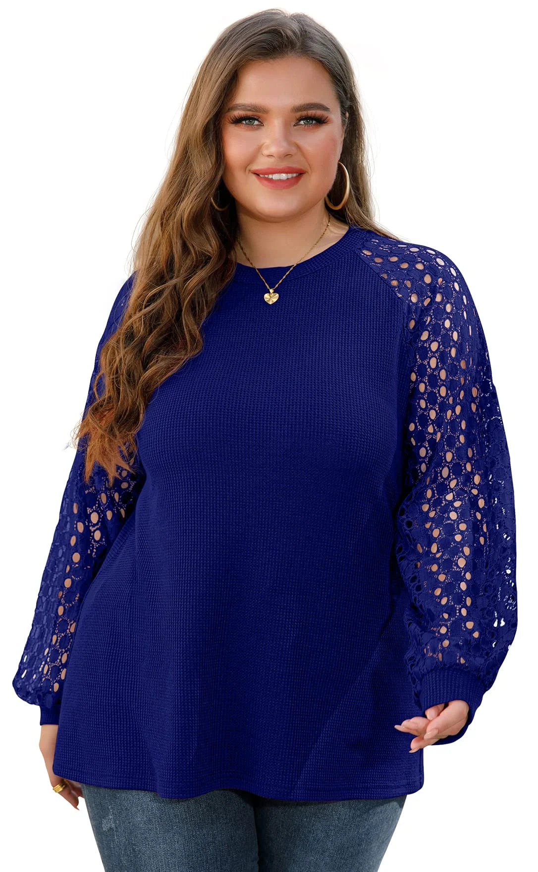plus Size Tops for Women Lace Sleeve Blouse Waffle Knit Long Sleeve Shirts Royal Blue-2X