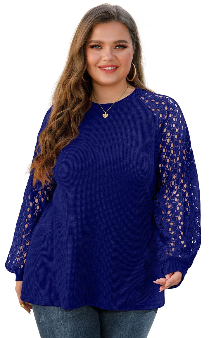 plus Size Tops for Women Lace Sleeve Blouse Waffle Knit Long Sleeve Shirts Royal Blue-2X