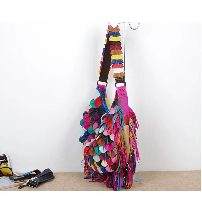 Woman Handbag Genuine Leather Brand Bag Female Tessels Shoulder Bags High Quality Colourful Pattern Women Messenger Bag