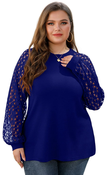 plus Size Tops for Women Lace Sleeve Blouse Waffle Knit Long Sleeve Shirts Royal Blue-2X