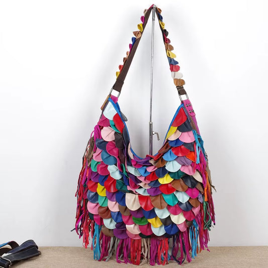 Woman Handbag Genuine Leather Brand Bag Female Tessels Shoulder Bags High Quality Colourful Pattern Women Messenger Bag