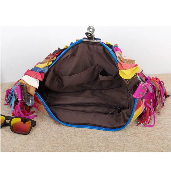 Woman Handbag Genuine Leather Brand Bag Female Tessels Shoulder Bags High Quality Colourful Pattern Women Messenger Bag