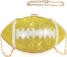 Football Bling Purse Rhinestone Clutch Purses for Women Crystal Ball Purse Rugby Ball Shaped Bag with Shoulder Chain