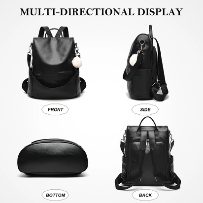 Womens Backpack Purse, Casual PU Leather School Backpack for Women, Fashion Anti-Theft Backpack Convertiable Travel Shoulder Bag Black