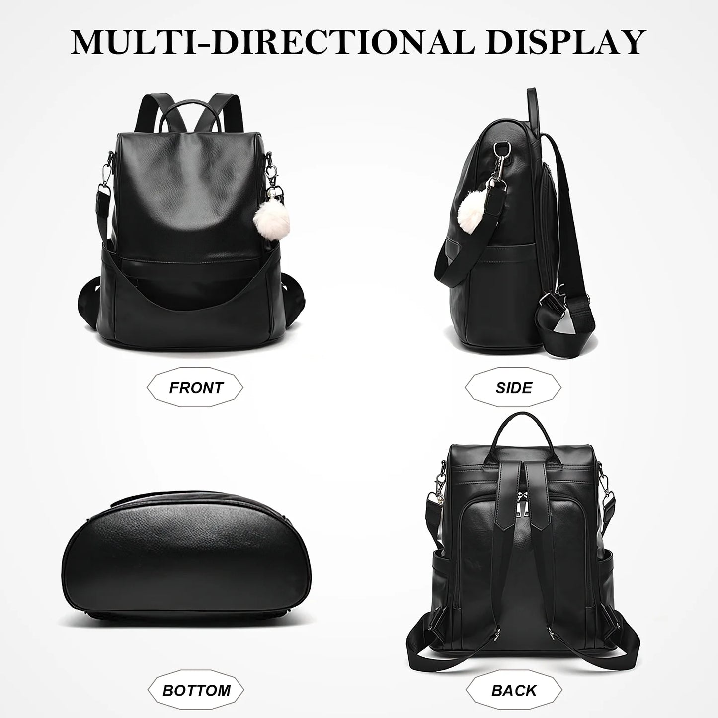 Womens Backpack Purse, Casual PU Leather School Backpack for Women, Fashion Anti-Theft Backpack Convertiable Travel Shoulder Bag Black