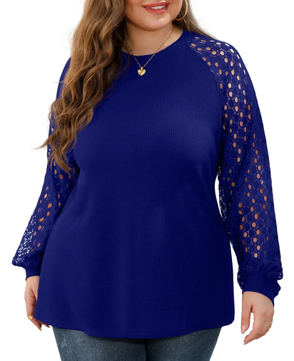plus Size Tops for Women Lace Sleeve Blouse Waffle Knit Long Sleeve Shirts Royal Blue-2X
