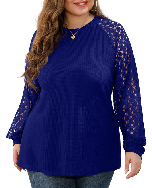 plus Size Tops for Women Lace Sleeve Blouse Waffle Knit Long Sleeve Shirts Royal Blue-2X