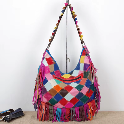 Woman Handbag Genuine Leather Brand Bag Female Tessels Shoulder Bags High Quality Colourful Pattern Women Messenger Bag