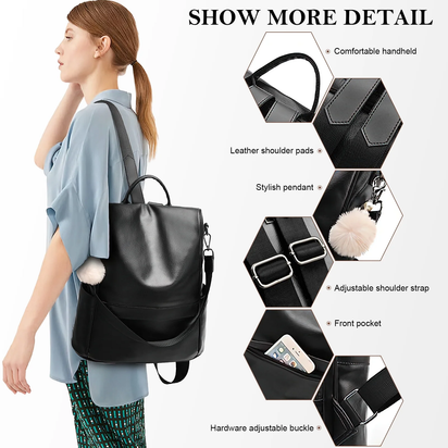 Womens Backpack Purse, Casual PU Leather School Backpack for Women, Fashion Anti-Theft Backpack Convertiable Travel Shoulder Bag Black