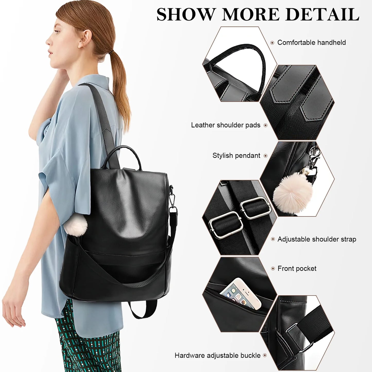 Womens Backpack Purse, Casual PU Leather School Backpack for Women, Fashion Anti-Theft Backpack Convertiable Travel Shoulder Bag Black