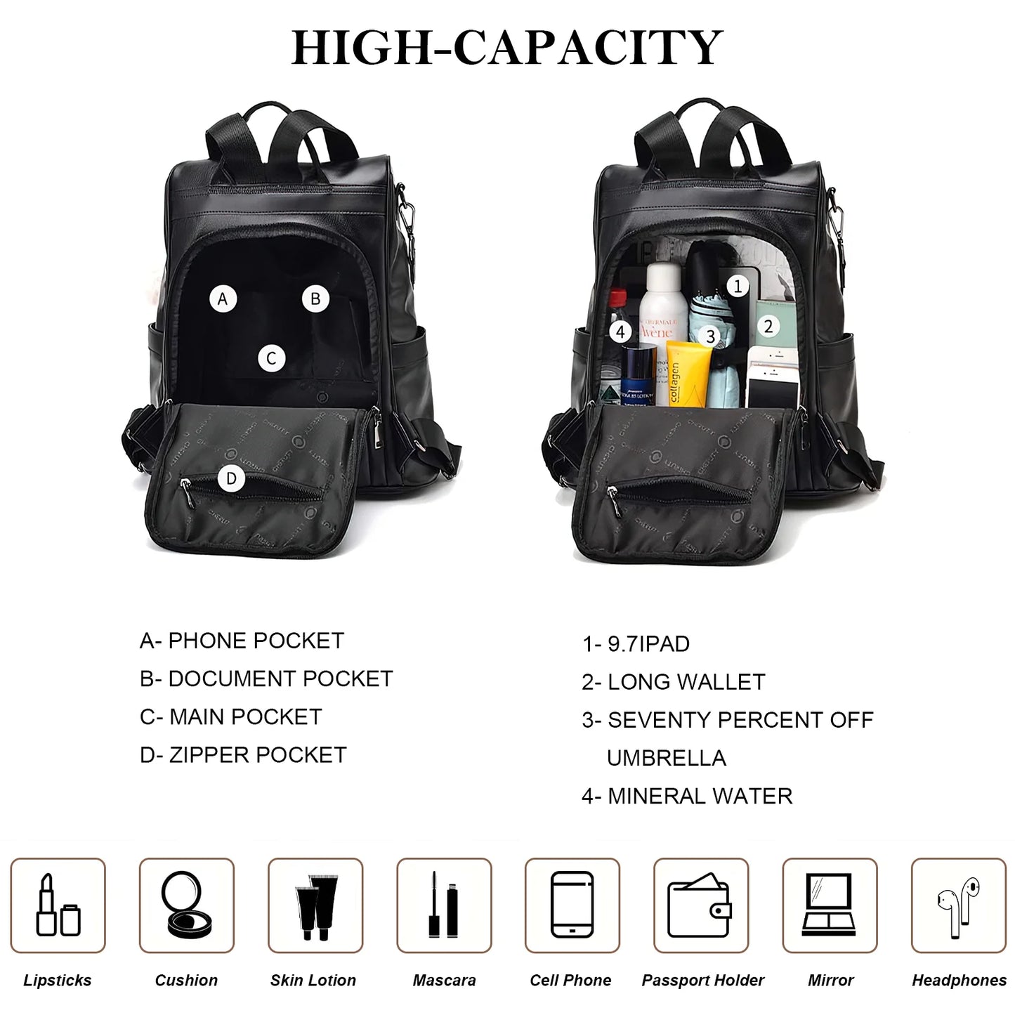 Womens Backpack Purse, Casual PU Leather School Backpack for Women, Fashion Anti-Theft Backpack Convertiable Travel Shoulder Bag Black